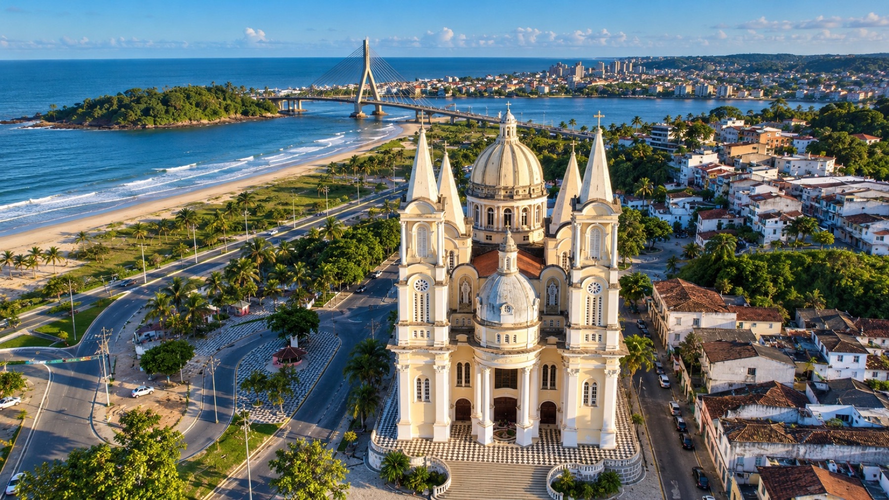 Vista aérea da Catedral de São Sebastião, Ponte Jorge Amado e litoral de Ilhéus